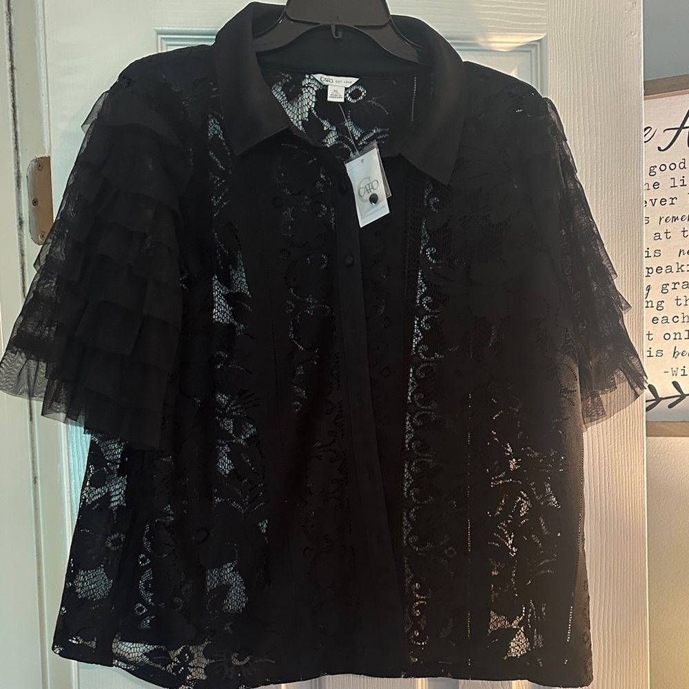 Cato NWT Black Lace Button-Front Ruffle Sleeve Top